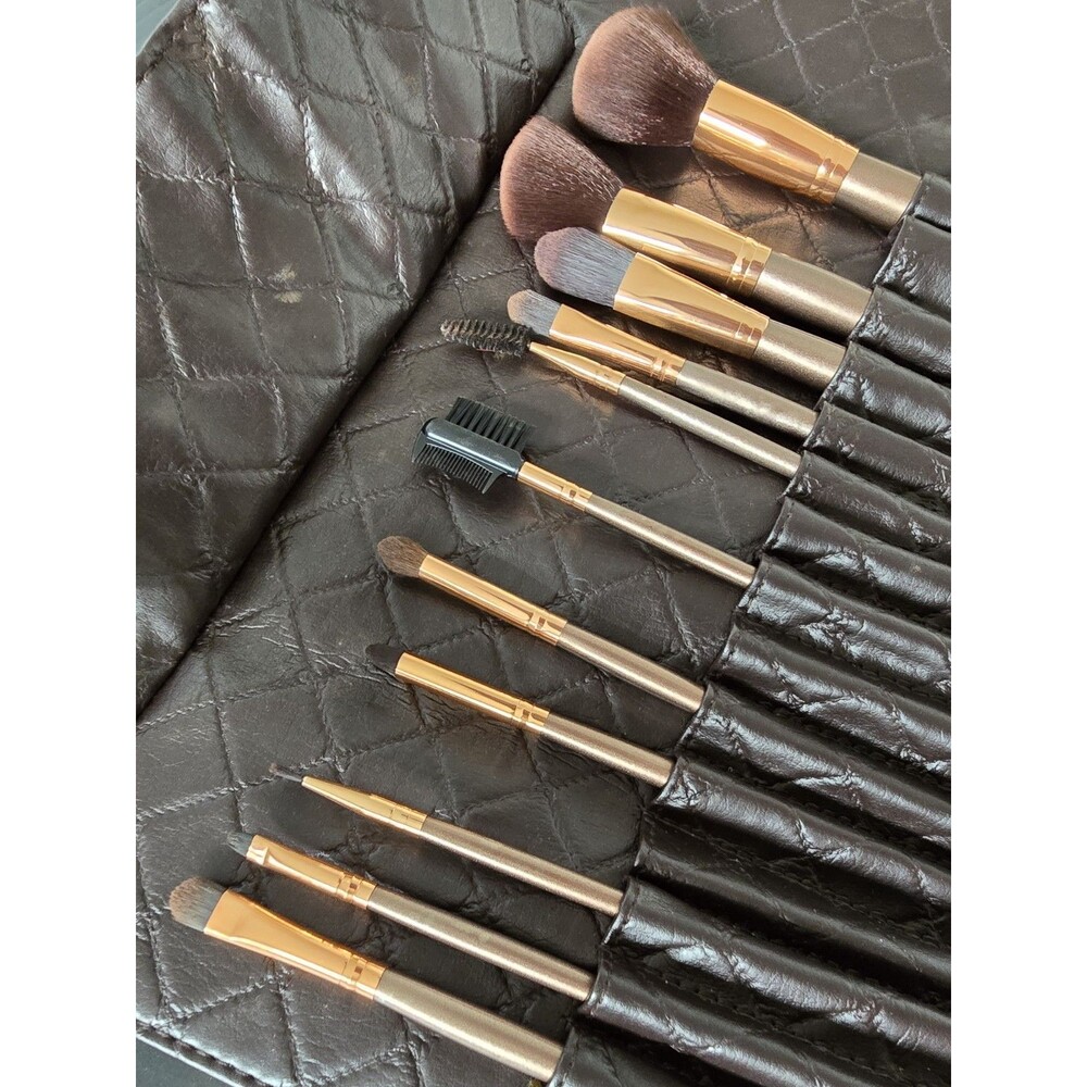 BH Cosmetics 11 Piece Makeup Brush Set w/ Brown Quilted Travel Case Rose Gold